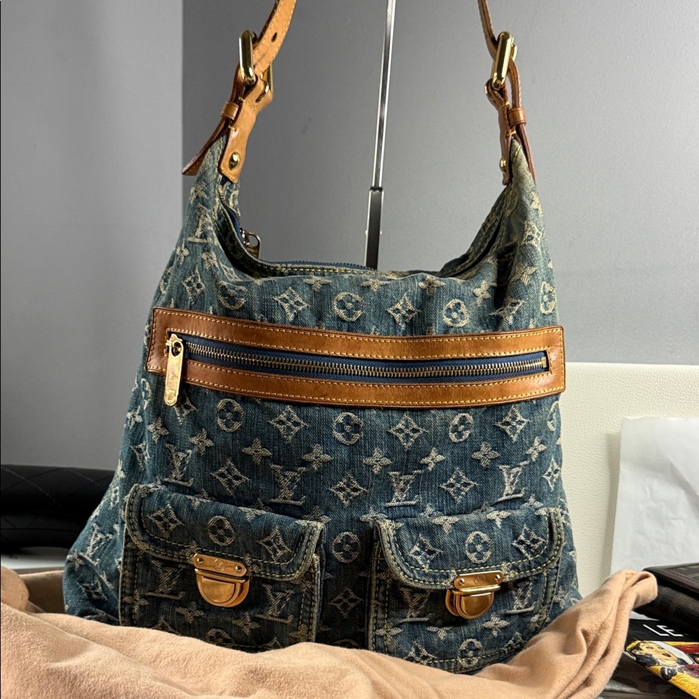 Louis Vuitton Blue Denim and Tan Leather Monogram Shoulder Bag